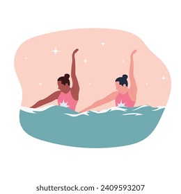 Ilustración del vector de natación sincronizada. Los bañistas sindicales de mujeres trabajan en equipo en la piscina. El concepto de deporte acuático. Diseño de caricatura para afiche, icono, tarjeta, logotipo, etiqueta, pancarta o pegatina