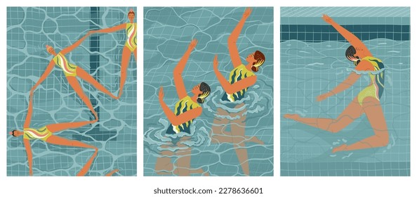 Synchronized swimming vector posters set. Women synchro swimmers work as a team in swimming pool. Water sport concept