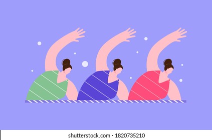 Synchronized swimming women team. Water aerobics. Vector illustration