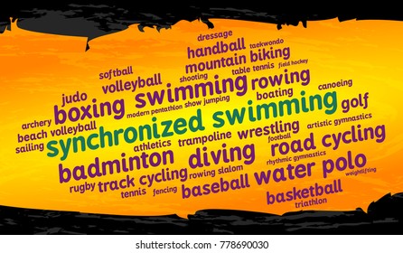 Synchronized swimming. Word cloud, cool design, gold background. Summer sports.