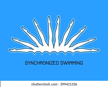 Synchronized swimming.Group performance of synchronized swimmers.Illustration done in a linear style.