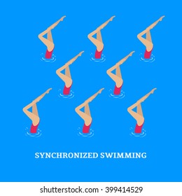 Synchronized swimming.Group performance of synchronized swimmers.Illustration of a flat style.