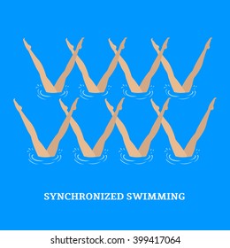 Synchronized swimming.Group performance of synchronized swimmers.Illustration of a flat style.