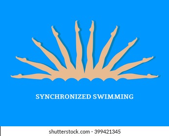 Synchronized swimming.Group performance of synchronized swimmers.Illustration of a flat style