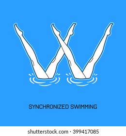 Synchronized swimming.Paired performances synchronized swimmers.Illustration done in a linear style.