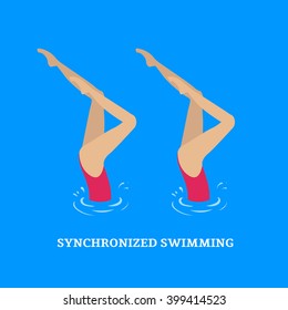 Synchronized swimming.Paired performances synchronized swimmers.Illustration of a flat style.