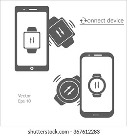 Synchronizing of devices. Smart watch synchronizing with smart phone. Vector illustration