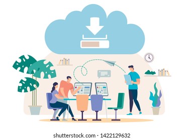 Synchronizing, Sharing, Backup Files with Online Cloud Service Flat Vector Concept. Office Workers, Company Employee Working on Computer, Sending Project Files to Colleague Illustration. Distant Work