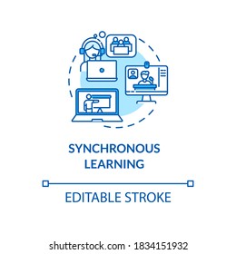 Synchronous learning concept icon. Distance education. Online courses and lessons. Blended learning idea thin line illustration. Vector isolated outline RGB color drawing. Editable stroke