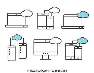 Syncing computer, cloud computing network. Syncing computer logo
