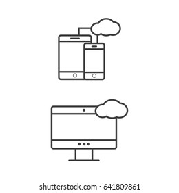 Syncing computer, cloud computing network. Syncing computer logo