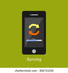 Syncing illustration. Flat design. Syncing process on devices concept.

