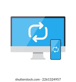 Syncing Uploading and Downloading with Desktop Computer and Smartphone Vector Icon Illustration
