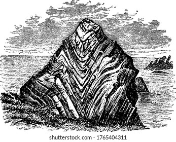 Doble sinclinal, es un plegado geológico cóncavo, con capas que se descienden hacia el centro de la estructura, dibujo vintage de líneas o ilustración de grabado.