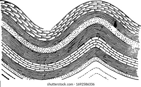 The syncline, downfolding of the strata in the form of a trough, as at a; an anticline is an upfolding of the strata in the form of an arch, as at b, vintage line drawing or engraving illustration.