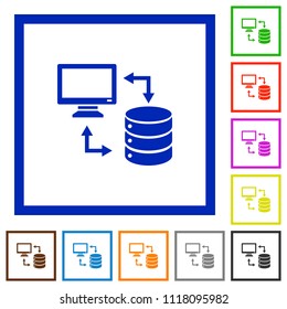 Syncronize data with database flat color icons in square frames on white background