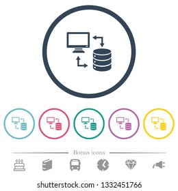 Syncronize data with database flat color icons in round outlines. 6 bonus icons included.