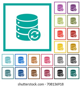 Syncronize database flat color icons with quadrant frames on white background