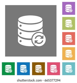 Syncronize database flat icons on simple color square backgrounds