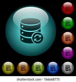 Syncronize database icons in color illuminated spherical glass buttons on black background. Can be used to black or dark templates