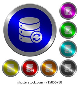 Syncronize database icons on round luminous coin-like color steel buttons