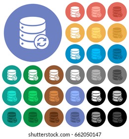Syncronize database multi colored flat icons on round backgrounds. Included white, light and dark icon variations for hover and active status effects, and bonus shades on black backgounds.