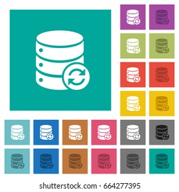 Syncronize database multi colored flat icons on plain square backgrounds. Included white and darker icon variations for hover or active effects.