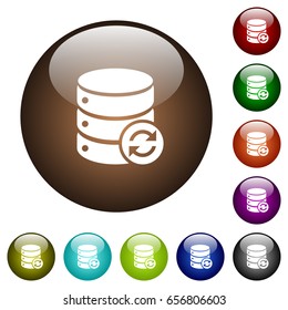 Syncronize database white icons on round color glass buttons