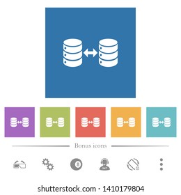 Syncronize databases flat white icons in square backgrounds. 6 bonus icons included.