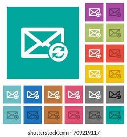 Syncronize mails multi colored flat icons on plain square backgrounds. Included white and darker icon variations for hover or active effects.