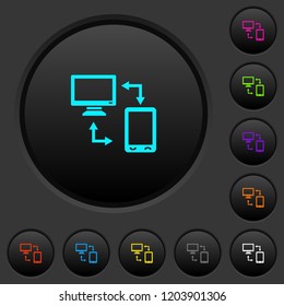Syncronize mobile with computer dark push buttons with vivid color icons on dark grey background