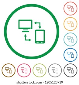 Syncronize mobile with computer flat color icons in round outlines on white background