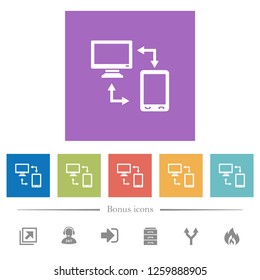 Syncronize mobile with computer flat white icons in square backgrounds. 6 bonus icons included.