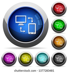 Syncronize mobile with computer icons in round glossy buttons with steel frames