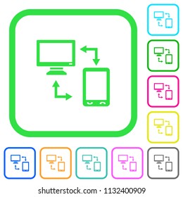 Syncronize mobile with computer vivid colored flat icons in curved borders on white background