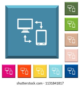 Syncronize mobile with computer white icons on edged square buttons in various trendy colors