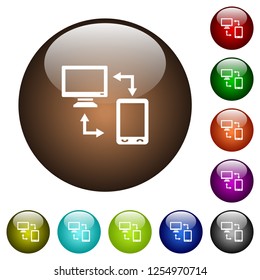 Syncronize mobile with computer white icons on round color glass buttons