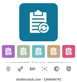 Syncronize note white flat icons on color rounded square backgrounds. 6 bonus icons included