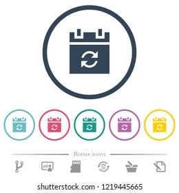 Syncronize schedule flat color icons in round outlines. 6 bonus icons included.