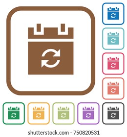 Syncronize schedule simple icons in color rounded square frames on white background