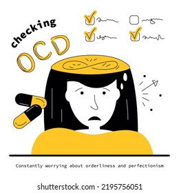 Syndrome OCD and intrusive thoughts and checking things. Vector illustration obsessive compulsive disorder symptoms of human fear, neurosis and panic attack.