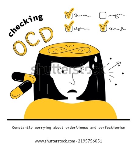 Syndrome OCD and intrusive thoughts and checking things. Vector illustration obsessive compulsive disorder symptoms of human fear, neurosis and panic attack.