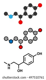 Synephrine herbal stimulant molecule. Stylized 2D renderings and conventional skeletal formula. Present in several Citrus species.