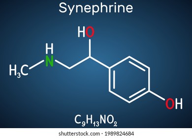 Synephrine, p-synephrine molecule. It is phenethylamine alkaloid. Structural chemical formula on the dark blue background. Vector illustration
