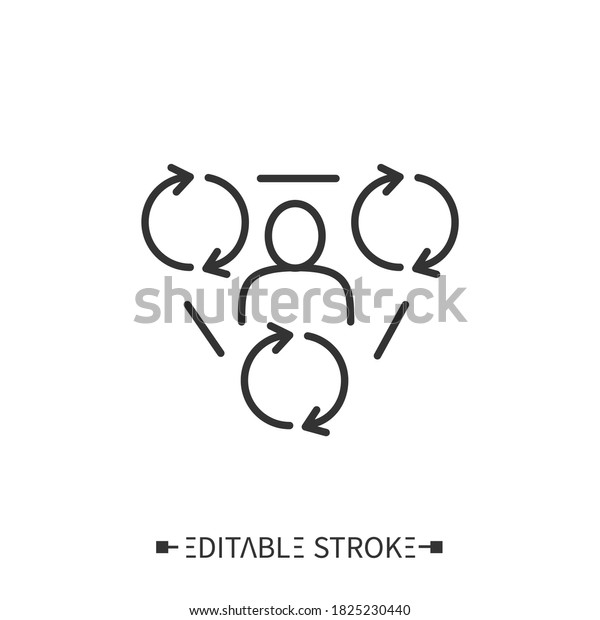 Synergistic network icon. Person surrounded by circular\
workflows. Outline drawing. Coordination and control of economic\
system concept. Isolated vector illustrations. Editable stroke\
