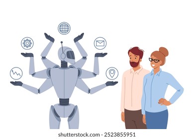 Sinergia entre robôs multitarefas e empresários bem-sucedidos usando tecnologias modernas para aumentar a produtividade. Robô ai multi-armado rapidamente conclui tarefas atribuídas e KPI corporativo