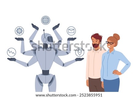Synergy between multitasking robot and successful business people using modern technologies to increase productivity. Multi-armed ai robot quickly completes assigned tasks and corporate KPI