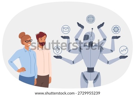 Synergy between multitasking robot and successful business people using modern technologies to increase productivity. Multi-armed ai robot quickly completes assigned tasks and corporate KPI