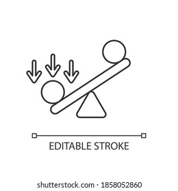 Synergy bias linear icon. Unbalanced scale with spheres. Advantage and disadvantage on scale. Thin line customizable illustration. Contour symbol. Vector isolated outline drawing. Editable stroke