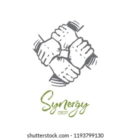 Synergy, business, community, team, together concept. Hand drawn human hands holding each other concept sketch. Isolated vector illustration.